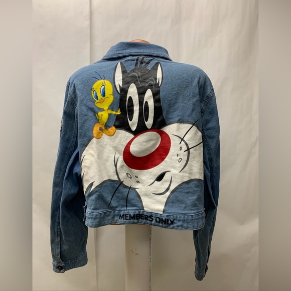Looney Tunes Adult's Members Only Jean Jacket Sylvester tweety bird cropped 2X - Picture 1 of 16